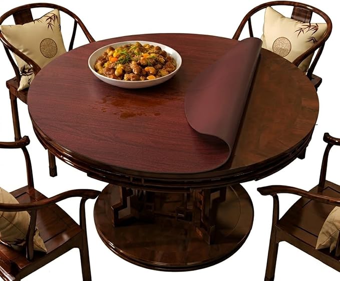 Wood Grain Round Table Protector 48/52/42/54/36 inch, Waterproof PU Leather Table Mat, Heat Resistant Circular Dining Table Pad for Kitchen, Coffee Table, Office Desk,(Red,43in)