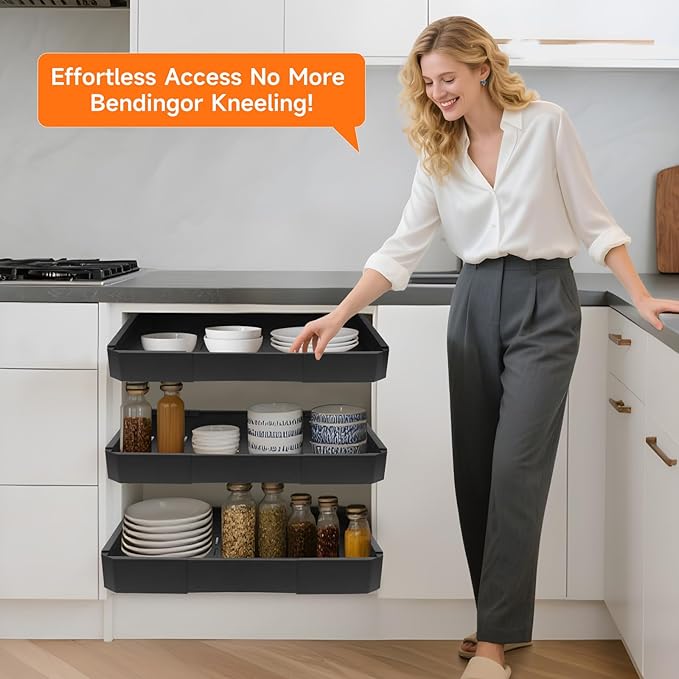 Pull out Cabinet Organizer,Adjustable Width (14"-19") and Depth (17"-24") Expandable,No Drill Slide out Drawers for Kitchen,Pantry,Adhesive Roll out Shelves,for Cabinets Without Lip