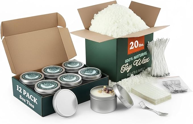 Hearth & Harbor 20 lbs. Soy Candle Wax with Supplies, 8 oz. 12 Pack Tin Jars with Lids, Cotton Candle Wicks, Wick Stickers and Centering Devices - Soy Wax Flakes with Containers for Candle Making