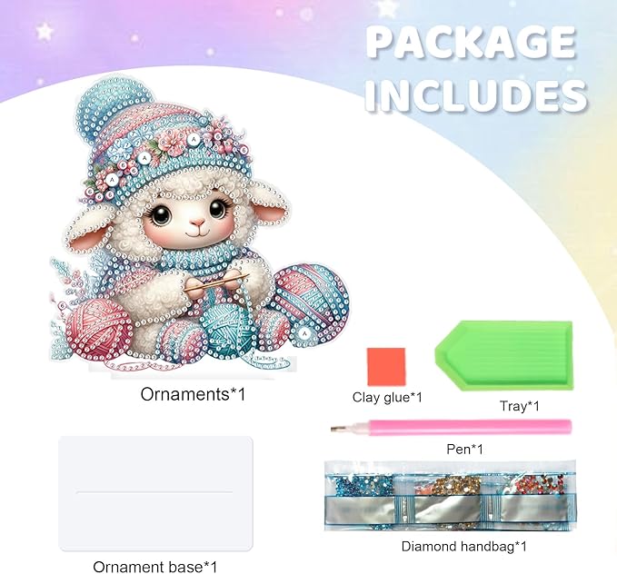 antor Diamond Painting Desktop Ornament Kit, DIY Special Shape Diamond Art Tabletop Decoration, Acrylic Diamond Art Desk Figurine Sheep Knitting Craft Gift