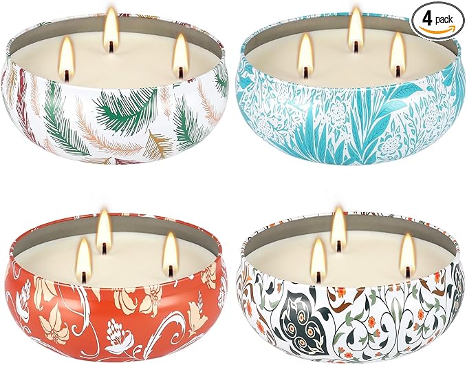 4-Pack Citronella Candle Set in Decorative Tropical Flower Tin Boxes - 3-Wick Functional Decorative Candles for Indoor & Outdoor Use - Perfect for Camping, Travel, BBQ, Picnics, and Mother's Day Gift