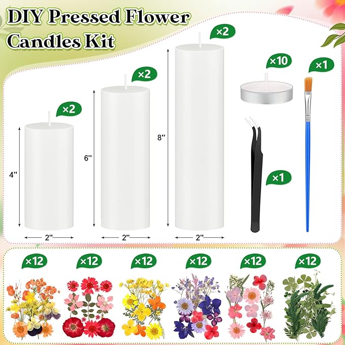 MTLEE 24 Pack Dried Pressed Flower Candle Painting Kit 6 White Pillar 6 Dried Pressed Flower 10 Tealight Candle Tweezer Brush for Galentines Girls Night Birthday Wedding Party DIY Crafts(4/6/8 Inch)