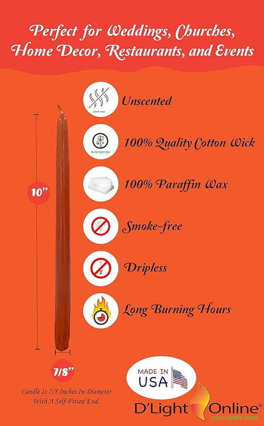 D'light Online Elegant 10" Unscented Cinnamon Burnt Orange Taper Candles, Premium Quality Hand-Dipped Tapered Candles, Dripless and Smokeless - Set of 12 Individually Wrapped (10 Inch, Cinnamon)