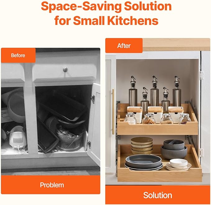 VEVOR 2 Tier Pull Out Cabinet Organizer, 20" W x 21" D Cabinet Drawer, Soft Close Slide out Shelf, Heavy-Duty Sliding Wood Drawer, Adjustable Base Cabinet Organization for Kitchen Pantry Bathroom
