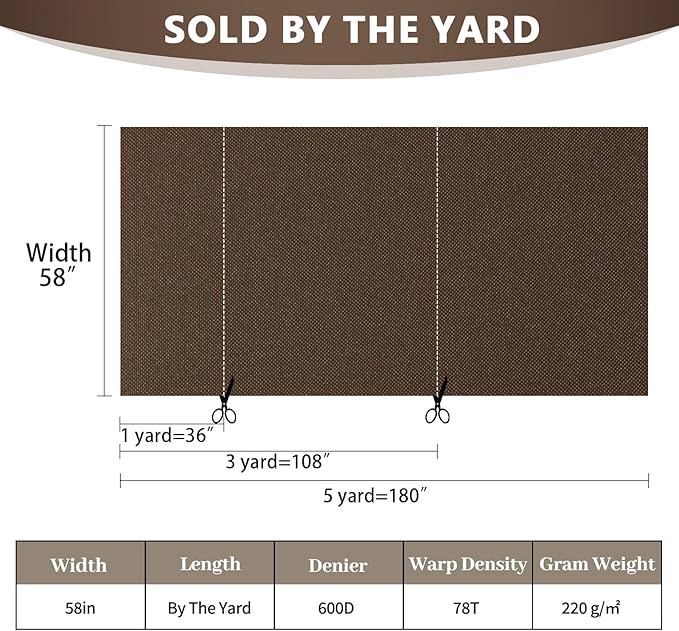 Waterproof Canvas Fabric by The Yard 58inch 600D Upholstery Material Polyester Fabric Outdoor Water Resistant Fabric for Sewing Chair Patio Cushion Purse Bag Interior, Pre Cut 5 Yard Brown