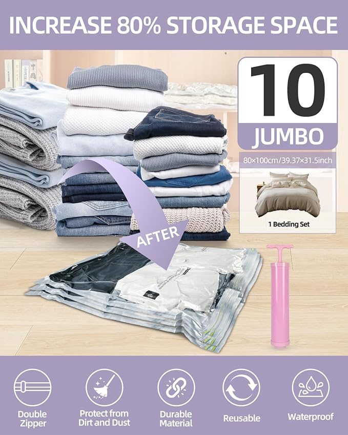 Vacuum Storage Bags for moving, Vacuum Seal Bags for Memory Foam, Latex, Clothing & Bedding, Space Saver Bags for Organization and Storage (Jumbo)