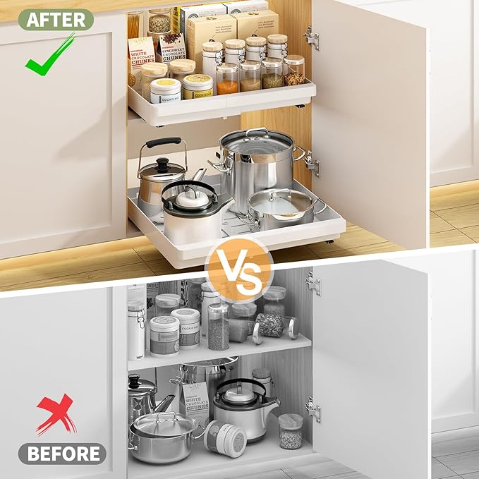 2 Pack Pull Out Cabinet Organizers Expandable (13''-19''), Plastic Slide Out Drawers for Kitchen, Bathroom, Pantry, Under Sink Storage, Pull Out Drawers Fixed with Adhesive Nano Film (White)