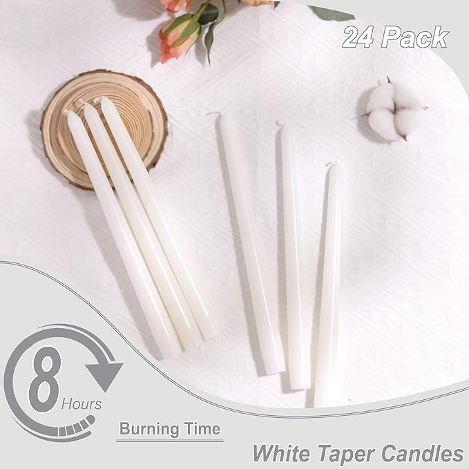 10-Inch Taper Candles - White Dripless Candlesticks Tall Unscented Tapered Smokeless Paraffin Wax with Cotton Wicks 8 Hour Natural Long Burning Candle Sticks for Household Christmas 24 Pack