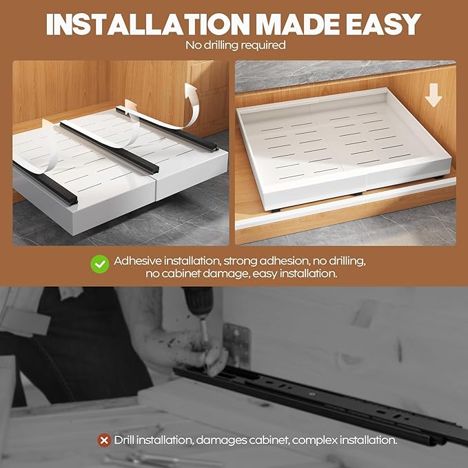 4 Pack Expandable (15.1"-26.3") Pull Out Cabinet Organizer 21" Deep With Raising Pad for Framed Cabinets,Upgrade 3 Slide Rails Slide Out Drawers,No Drill Roll Out Shelves Adhesive,White