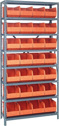 Quantum 1275-443OR Heavy Duty Shelving Unit with (8) Shelves and (28) SSB443 Orange Bins for Garage Warehouse Storage Distribution | 400 lb Load Capacity | 12"D x 36"L x 75"H, Galvanized Carbon Steel