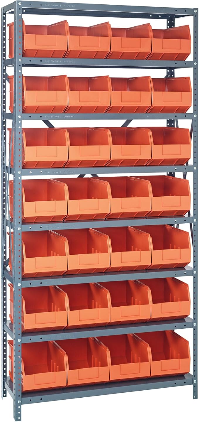 Quantum 1275-443OR Heavy Duty Shelving Unit with (8) Shelves and (28) SSB443 Orange Bins for Garage Warehouse Storage Distribution | 400 lb Load Capacity | 12"D x 36"L x 75"H, Galvanized Carbon Steel