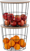IRIS USA Round Wire Basket with Wooden Lid, 2 Pack, Potato Onion Vegetable Storage, Nestable Storage Bins, Water Resistant Surface, Living Room Bathroom Kitchen, Durable Easy Assembly Space Saving