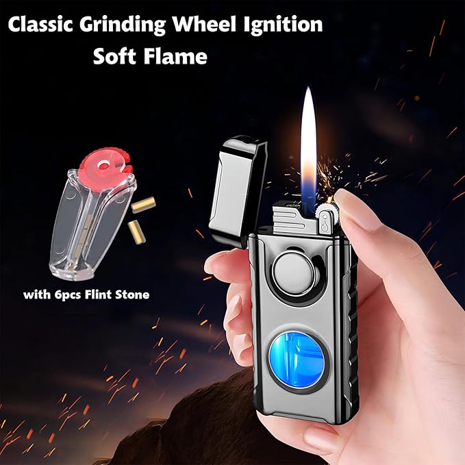 Torch Lighter, Creative Dual Flame Lighter with 6pcs Flint Stone, Windproof Lighter with Visible Fuel Tank, Adjustable Soft Flame and Jet Flame 2 in1,Refillable Butane Lighter for Gifts Men-Ice Blue