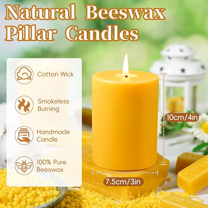 1 Packs 3" x 4" Natural Beeswax Pillar Candles,60 Hours Long Burning Emergency Candles 100% Pure Beeswax Candle,Blessed Bees Wax Candles for Home Room Paryer Parties,Smokeless & Dripless