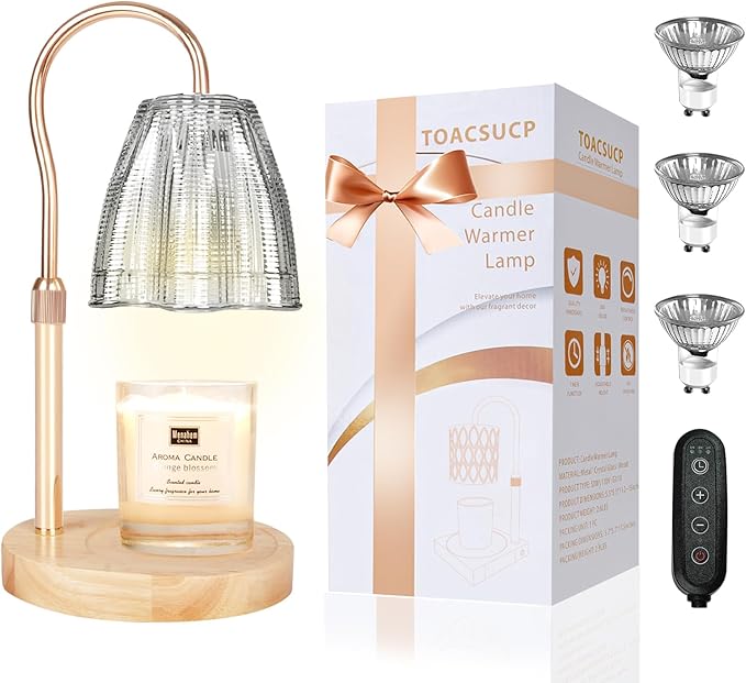 TOACSUCP Candle Warmer Lamp with 3 Bulbs, Adjustable Height Dimmable Candle Warmer with Timer, Compatible with Large Jar Candles, Candle Lamp with Charming Gift Box for Her/Him