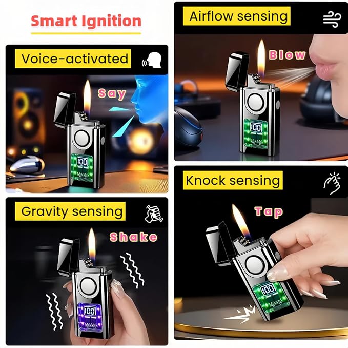 Smart Voice-Activated Lighter - 3 Flames (Blue Torch, Soft Flame & Dual Arc) - Windproof Refillable & Rechargeable Butane Lighters with Multiple Ignition Methods (Without Fuel) (Colored Ice)