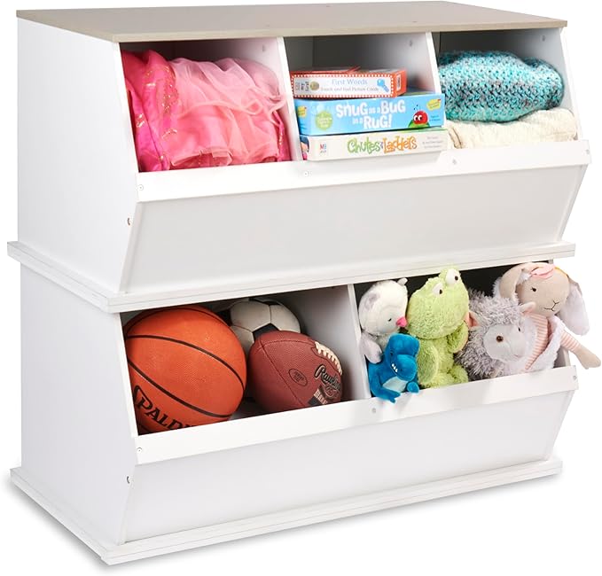 Badger Basket Three Bin Stackable Toy Storage Cubby Organizer - Expandable Modular Storage for Toys & Crafts - White/Gray Woodgrain
