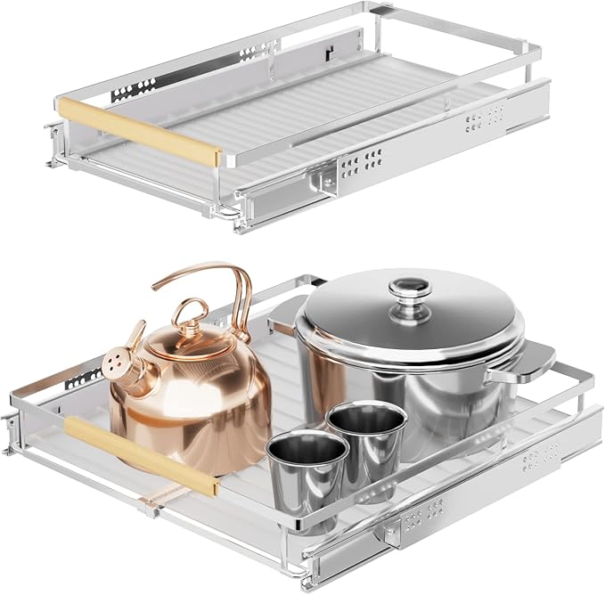 SANNO Expandable Pull Out Cabinet Organizer, Heavy Duty Under Sink Slide Out Cabinet Organizer, Pots Pans Kitchen Organizer Basket, Smooth Roll adjustable Sliding Drawer Expand to 12 to17.5, 2 Pack