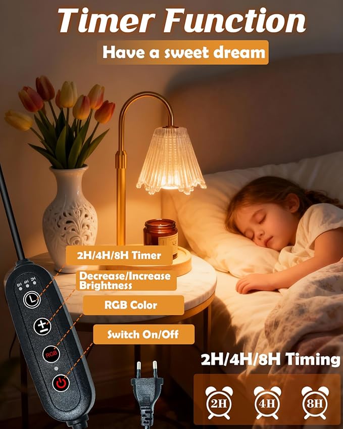 RGB Candle Warmer Lamp with Timer, Dimmer Adjustable Height Candle Melt Lamp Gold Flower Wax Warmer for Wax Melt Birthday Gift for Women Home Office Decor Multi-Color RGB Included 2 Bulbs