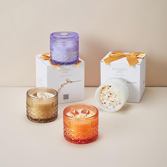 Chloefu LAN Orange & Bergamot Candle for Home Scented, Crystal Candles with Healing Stones, Gift for Women Men, Emotional Support, Encouragement and Affirmation, Highly Scented & Long Lasting, 14 oz