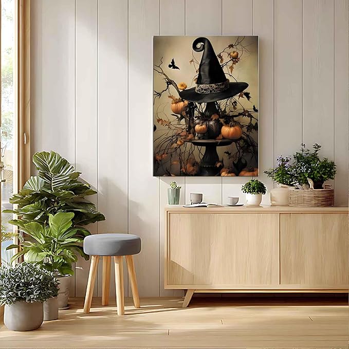 Halloween Witch Hat & Pumpkins Decor Paint by Numbers for Adults, Spooky Fall DIY Painting Kit, Gothic Wall Decor 24 Colors 20x24 inch Framed