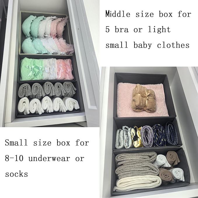 Foldable Fabric Drawer Organizer Set 4 Pack Dresser Dividers - Sock Underwear Storage Bins Gray
