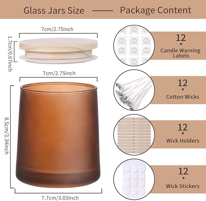 DARJEN 12 Pack Frosted Amber Candle Jars for Making Candles- 9 OZ Empty Glass Candle Making Jars with Making Kits, Candle Making Supplies Candle Containers for Home DIY & GIFS