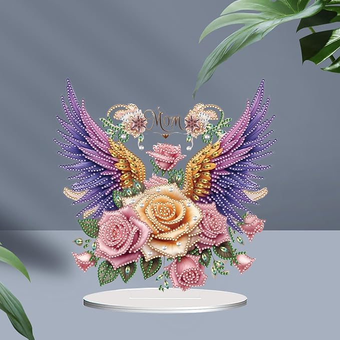 ARTopet DIY Diamond Desktop Ornament PET Irregular Shape Special Shaped Crystal Double Sided Pattern Single Sided Diamond Art Painting Tabletop Home Ornaments Decor (Mother’s Day Rose Wings)