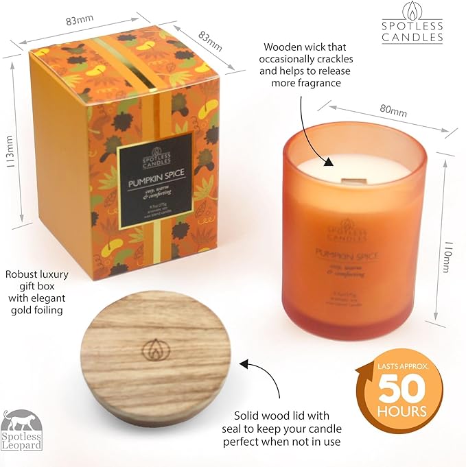 Pumpkin Spice Candle 9.7 oz: 55 Hrs Burn Time - Pumpkin Spice Scented Candles in Frosted Glass Jar with Wooden Crackling Wick in a Luxurious Gold Foil Lined Gift Box