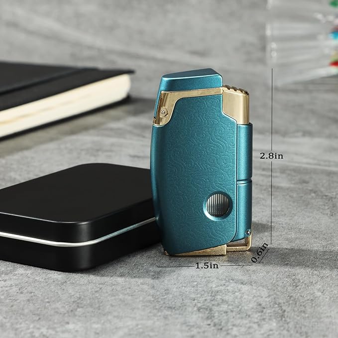 Double Torch Butane Lighter with Punch, Jet Windproof Lighter with Keyhole, Refillable and Adjustable, Great Gift for Men and Women, Sold Without Butane(Blue)