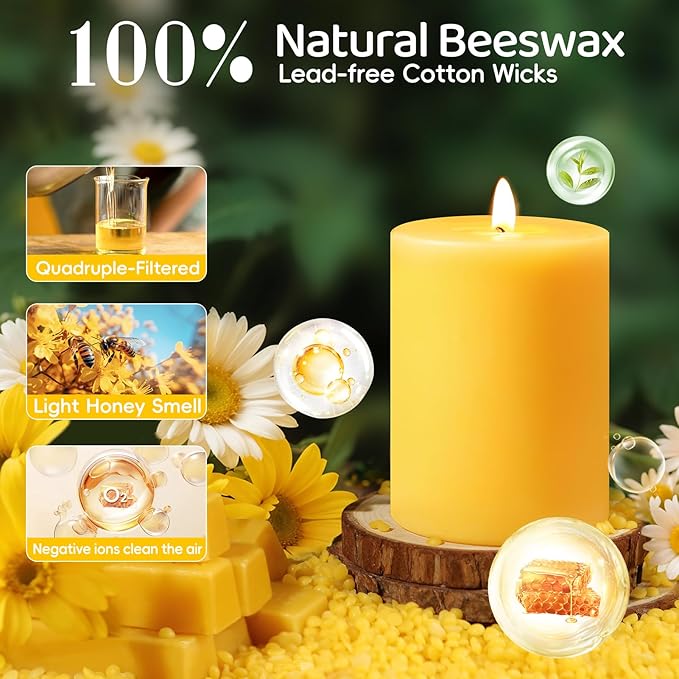 3 Pack Natural Beeswax Pillar Candles-213 Hours Long Burning,Natural Air Purifying Candle,Non-Toxic,Unscented Bees Wax Candle for Dinner Table Centerpieces,Spa,Meditation&Wellness (3x3,3x4,3x6in)