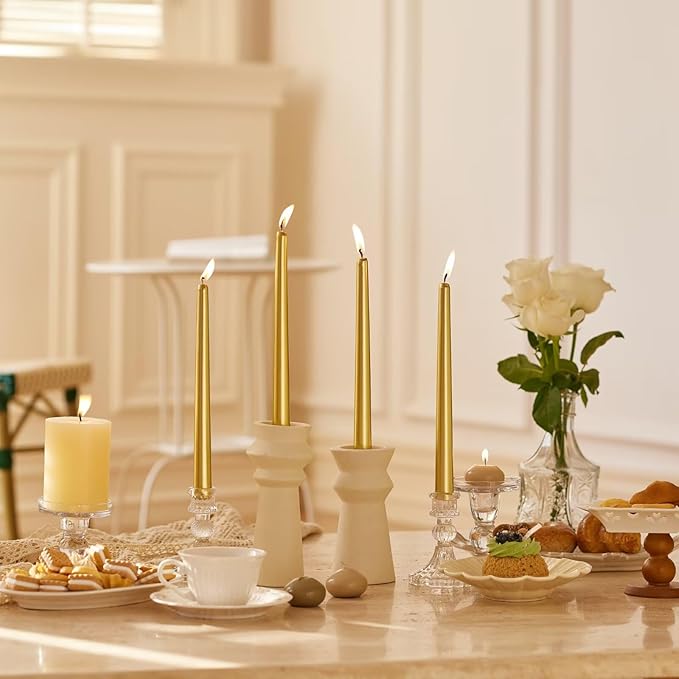 12-Inch Tall Dripless Taper Candles Set of 4 - Gold Tapered Candles, Perfect for Wedding,Christmas - Smokeless, Unscented, Long Burning - Hand Poured, Colored Tall Candlesticks - doradas