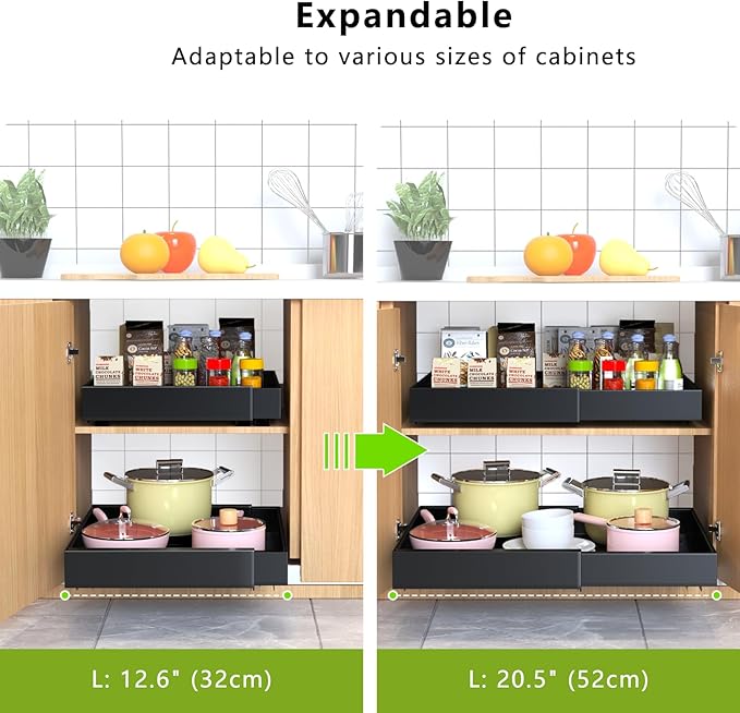Pull Out Cabinet Organizer 21" Deep Expandable Slide Out Drawer Organizers,No Drill Roll Out Drawers Adhesive with Nano Compatible Framed Cabinets Shelves for Kitchen Pantry Adjustable Width