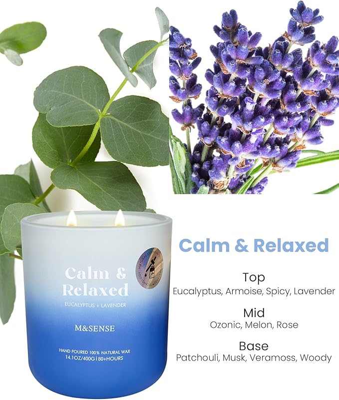 M&SENSE Eucalyptus Lavender Scented Candle, 14.1oz Non Toxic 80 Hours Burn Time Highly Scented Natural Soy Wax Aromatherapy Candle for Women Men, Stress Relief & Relaxing