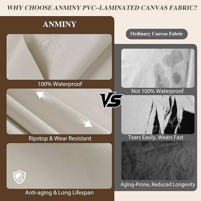 ANMINY 100% Waterproof Outdoor Fabric by The Yard, 58" W 600D Marine Canvas Fabric with PVC Backing, Ripstop Upholstery Material for Furniture Boat Covers Tent Awning, 1 Yard Beige