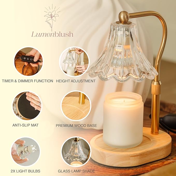 Candle Warmer Lamp – Dimmable Candle Lamp with Timer, Adjustable Height for Jar Candles (Oak)