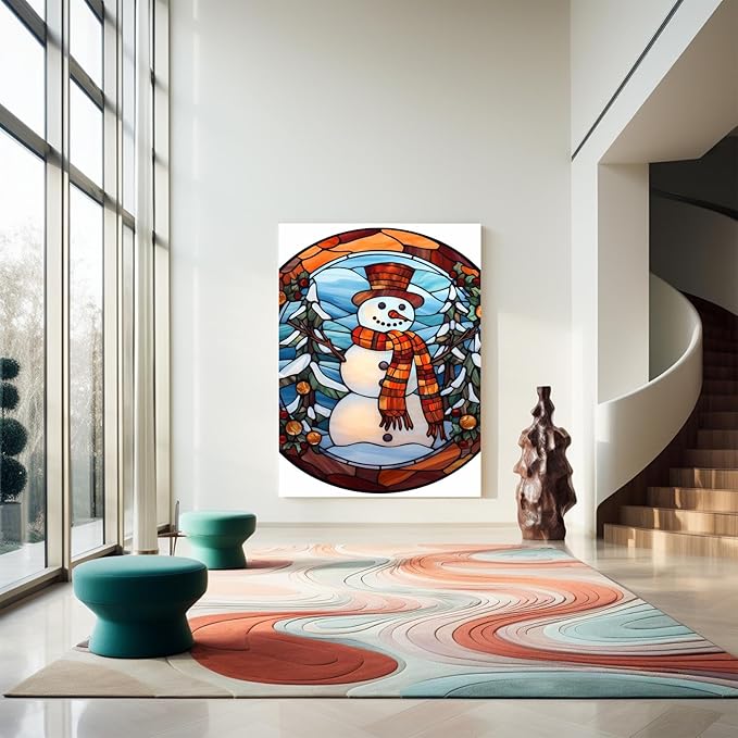 GUAIEUW Winter Stained Glass Snowman Diamond Painting Kits 5D Full Round Diamond Painting Art, Season Theme Canvas HD Picture DIY Diamond Dot Painting, Home Wall Decor Gift 12x16 Inch