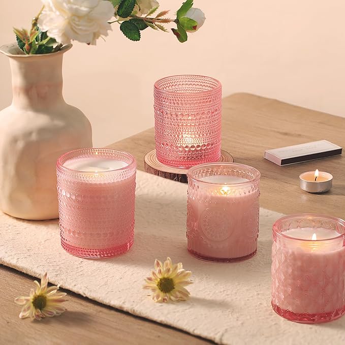 DARJEN 12 Pack Pink Candle Jars for Making Candles- 3 Styles Glass Candle Making Jars Bulk with Bamboo Lids and Labels, Candle Making Supplies Candle Vessels for DIY Gifts