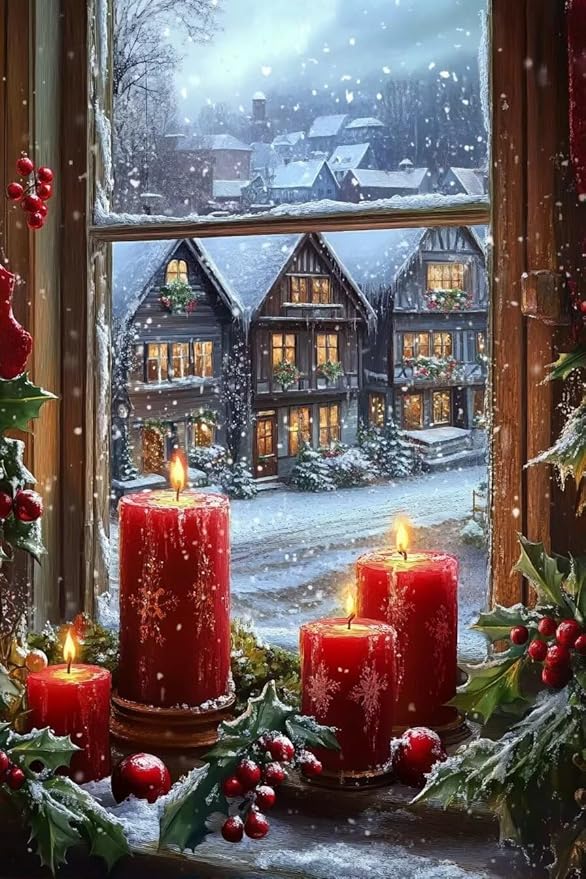 TMOLZ Holly & Berry Window Scene Diamond Set - 5D Romantic Wall Art for Couples, Festive Home Decor Craft Kit - 12x16 Inch