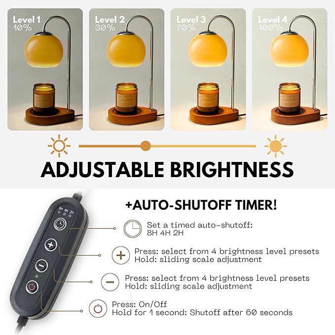 Modern Candle Warmer Lamp with Timer and Dimmer, Dimmable Electric Candle Lamp Warmer, Wax Melt Warmer, Glass with Wood Base, Home Decor Gifts 2 Bulbs Included (Brown and Stained Wood Base)