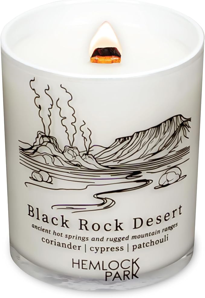 Hemlock Park Travel Inspired Passport Crackling Wood Wick Candle Handcrafted with Natural Plant-Based Coconut Wax (Standard 7.2 oz, Black Rock Desert | Coriander, Cypress, Patchouli)