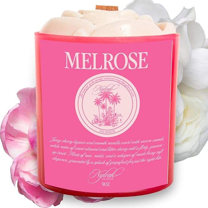 Body Oil Massage Candle | Melts into Skin Softening Warm Massage Oil - Natural Wood Wick - Soy & Coconut Wax – Cherry & Vanilla with Rose Scents - Self Care Gift (Melrose 14oz)