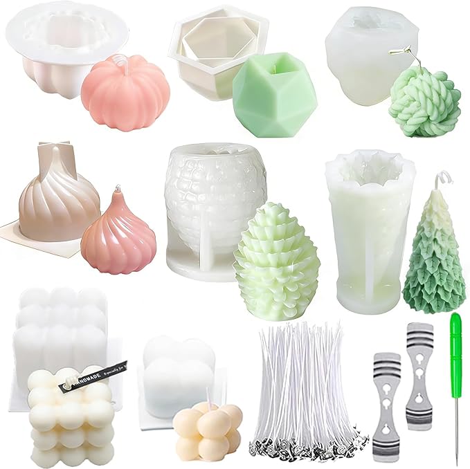 8 pcs Silicone Candle Making Molds Set, 3D Silicone Mold, Pumpkin Christmas Tree Pine Cone Yarn Ball Bubble Cube Soap Baking Desser Soy Wax Candle Mold, DIY Scented Candle (with 100pcs Wax Core)