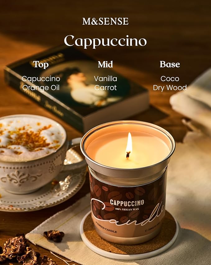 M&SENSE Cappuccino Coffee Scented Candles, Soy Wax 7oz 42 Hours Long Lasting Clean Burn, Small Fall Candle for Kitchen, Holiday Aromatherapy Gifts for Coffee Lovers, Cozy Winter Home Decor
