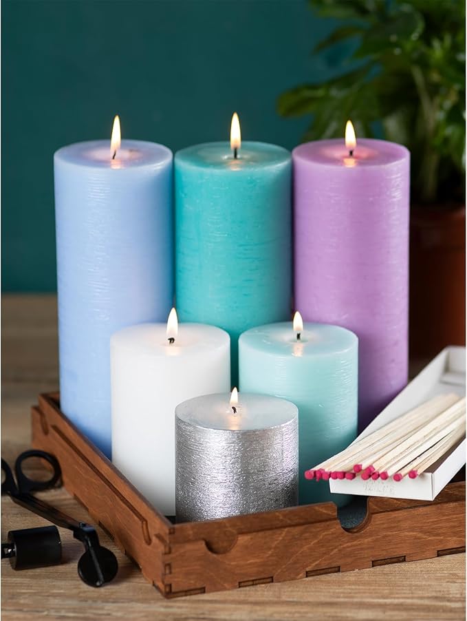 CANDWAX Assorted Pillar Candles Set of 3 – Sizes 3", 4", 8" Unscented Dripless Large Candles, Rustic Style Long Burning for Weddings, Home Decor – Ivory