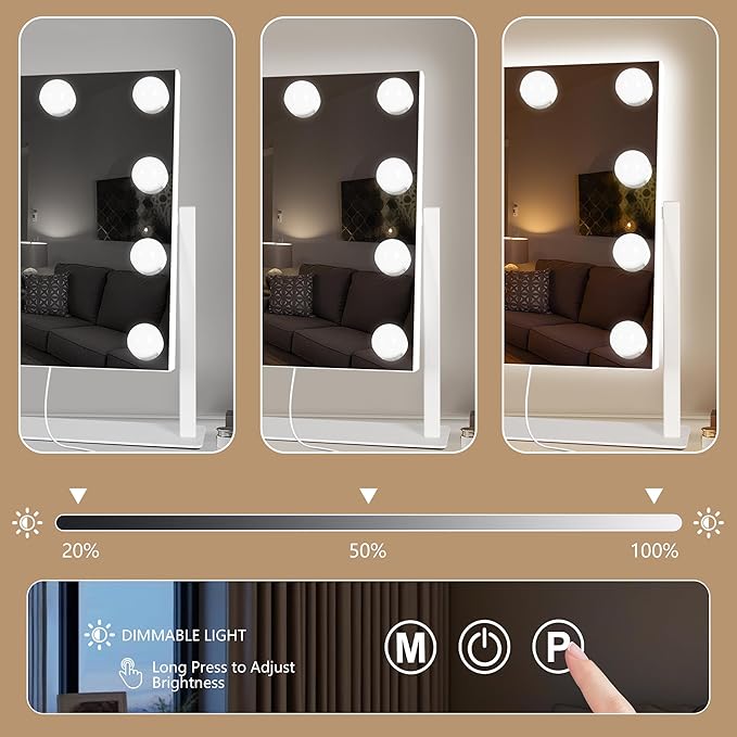 Ratsamee Hollywood Vanity Mirror with Lights, 9 Dimmable Bulbs, 3 Color Lights,Make Up Lighted Mirror, 10x Magnification 360°Rotation (12" x 14") White