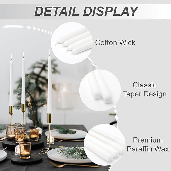 10-Inch White Taper Candles - Dripless Candlesticks Smokeless Tapered Candle Tall Unscented Long Tapered Candle Paraffin Wax with Cotton Wicks for Dinner Parties 8 Hours Slow Burn of 12 Pack