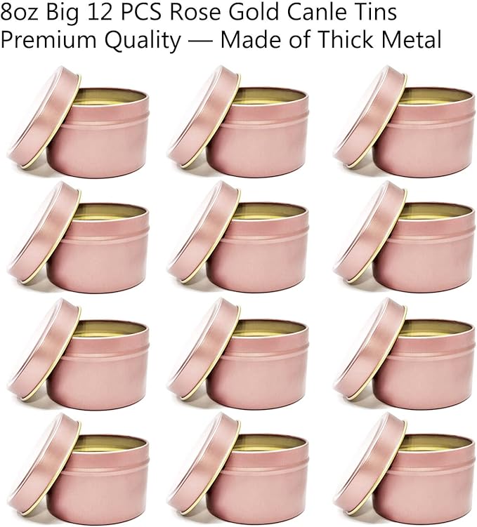 Rose Gold Candle Tins 8oz, 12Pcs Candle Tins for DIY Big Candle Container Tins for Candle Making Rose Gold Cantainer Tins