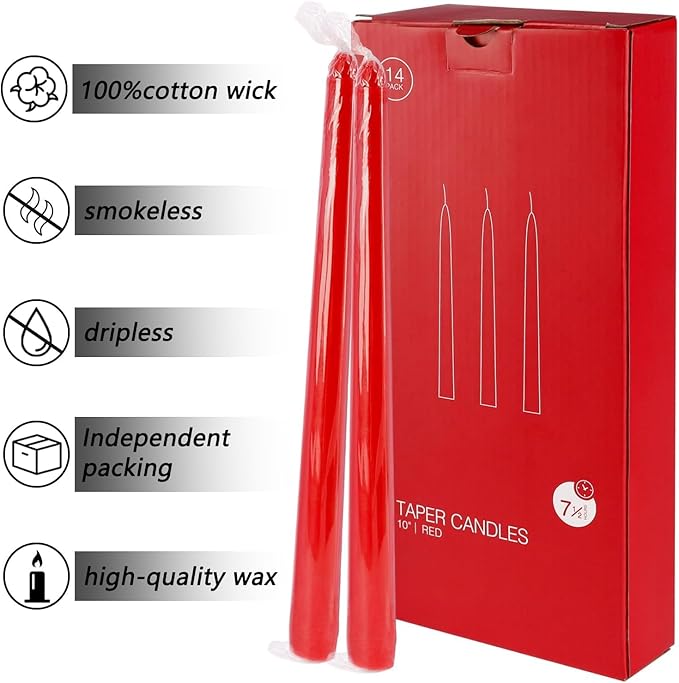 14 Pack Glowing Red Tapers Candles- 10-Inch unscented Candles for 8 Hours of Festive Magic, Perfect for Weddings,Valentine's Day, New Year Celebrations…