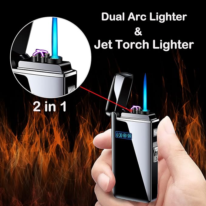 Electronic Lighter Jet Flame Torch Lighters 2 in 1, Refillable Butane Electric USB Rechargeable, Premium Windproof with LED Display Power Infinity for BBQs,Candle,Camping Indoor (Silver Ice)